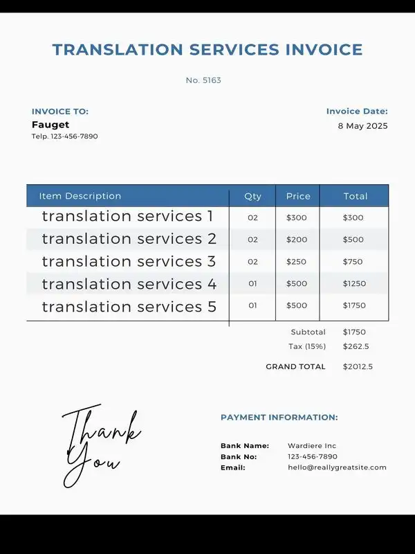 Translation services invoice