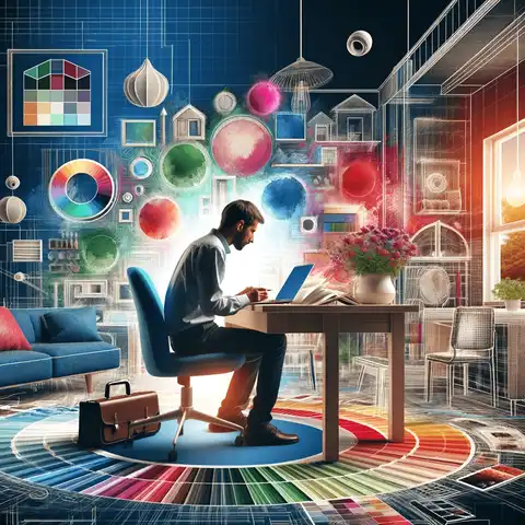 A creative and colorful illustration showing an aspiring interior designer studying online, surrounded by digital representation