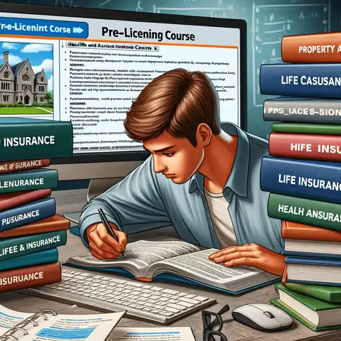 How to Become an Insurance Agent in 2024 A student studying for their insurance license exam, surrounded by textbooks and a computer showing an online pre licensing course.