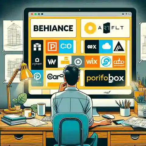 10 Best Architecture Portfolio Websites An illustration showing an architect sitting at a desk, exploring various architecture portfolio websites on a computer