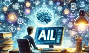 Artificial Intelligence and Machine Learning An illustration of a student sitting in front of a computer, diving into the magical world of AI and ML through an online course