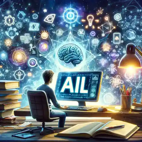 Artificial Intelligence and Machine Learning An illustration of a student sitting in front of a computer, diving into the magical world of AI and ML through an online course