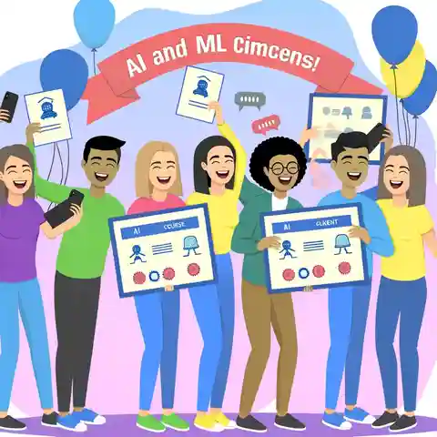 Artificial Intelligence and Machine Learning An illustration showing a group of students celebrating their successful completion of an AI and ML course