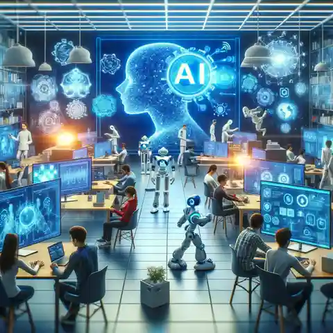 Artificial Intelligence and Machine Learning Futuristic AI lab where students are working on various AI and ML projects