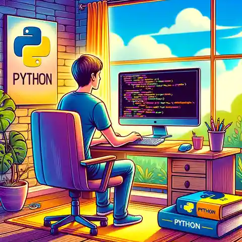 Best Online Courses for Python Programming An llustration of a person sitting at a desk with a computer screen displaying Python code