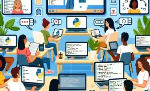 Best Online Courses for Python Programming Illustration of an online classroom scene featuring diverse students engaging in a Python programming course on their laptops