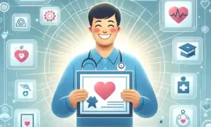 Best Online Healthcare Certificate Programs An illustration depicting a person holding a certificate with joy, surrounded by digital icons representing healthcare topics