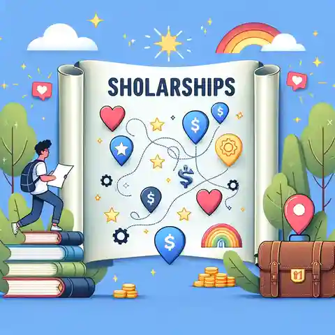 Online MBA Programs with Scholarships An illustration of a student using a treasure map to find scholarships, with scholarship icons